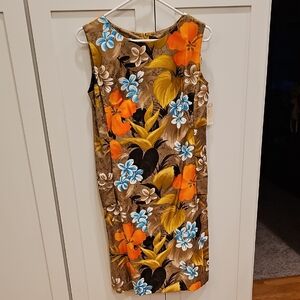 Vintage NWT Sears Hawaiian Sleeveless Midi Dress Orange, Blue & Tan Floral Sz 10